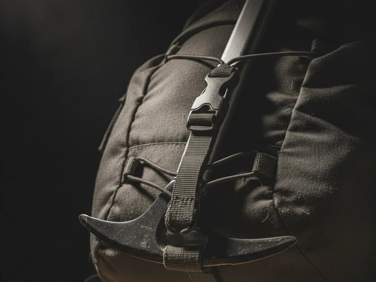 Pickelhalterung am Tourenrucksack.