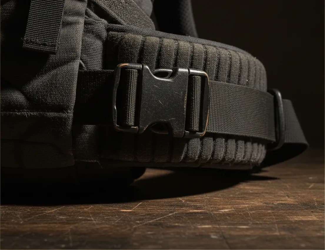 Hüftgurt-Schnalle des Tourenrucksacks.